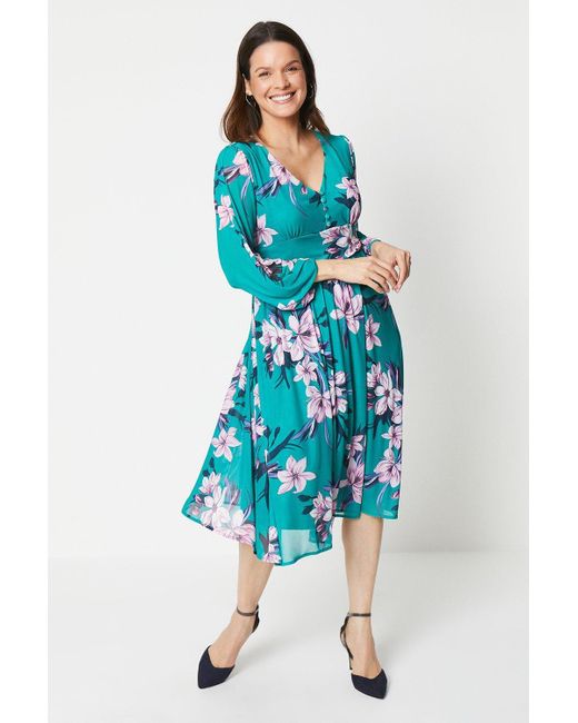 Wallis Blue Petite Printed Mesh Fit And Flare Midi Dress