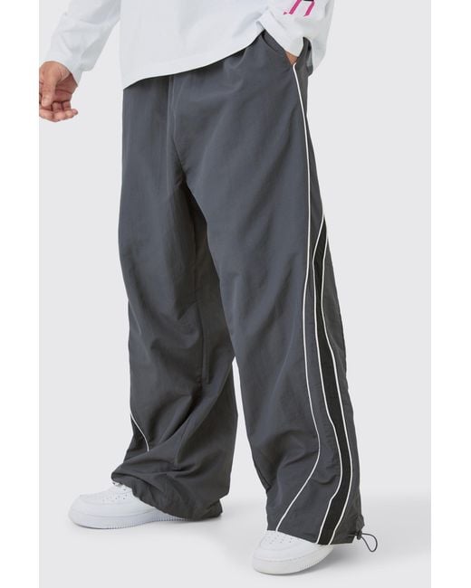 BoohooMAN Gray Elasticated Waist Piping Detail Parachute Pants for men