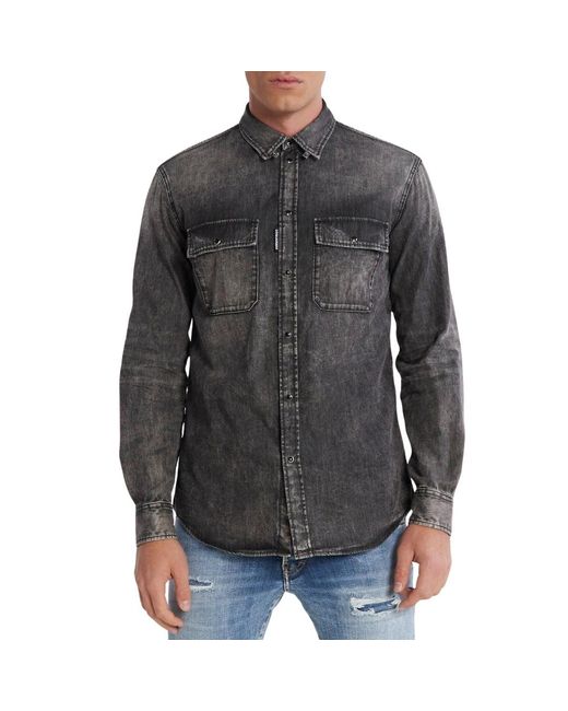 DSquared² Gray Regular Fit Faded Denim Shirt Cotton for men