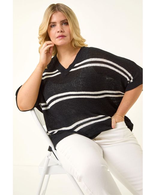 Roman Black Curve Stripe V-Neck Knit Jumper