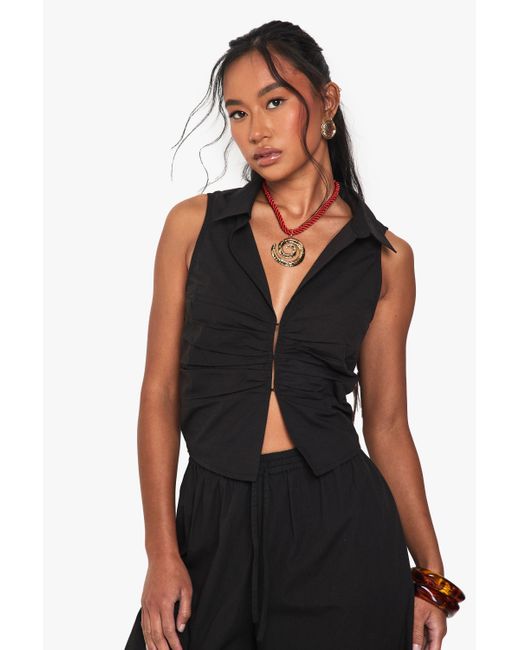 Boohoo Black Ruched Poplin Sleeveless Waistcoat