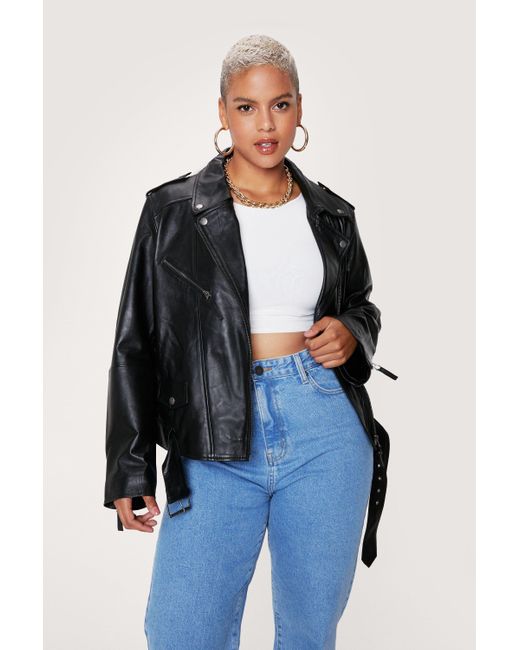 Nasty Gal Blue Plus Size Real Leather Oversized Biker Jacket