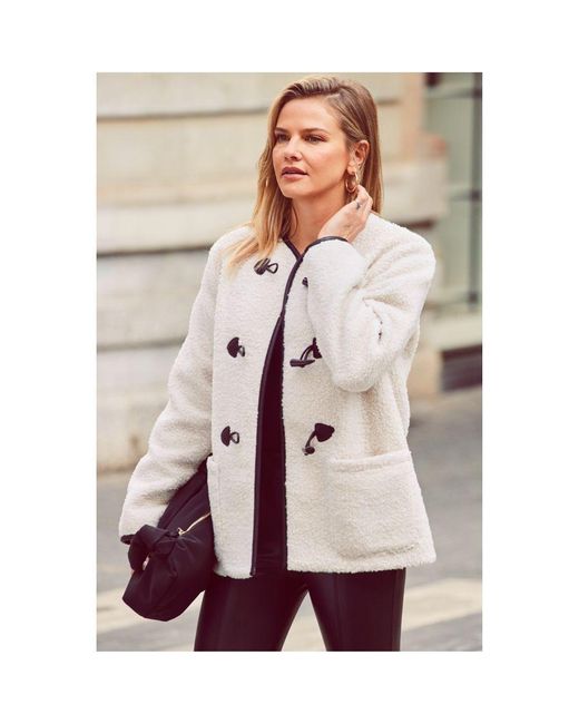 Sosandar Natural Collarless Super Cosy Borg Coat With Faux Leather Toggle