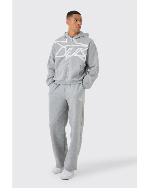 BoohooMAN Gray Oversized Boxy M Star Printed Zip Through Hooded Tracksuit for men