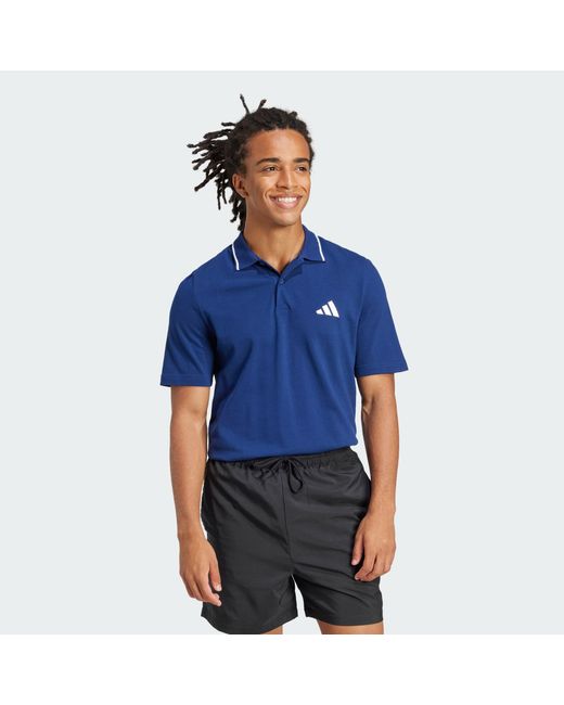 Adidas Blue Essentials Small Logo Piqué Polo Shirt for men