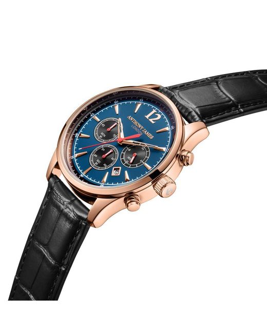Anthony James Blue Hand Assembled Classic Chronograph Rose Leather for men