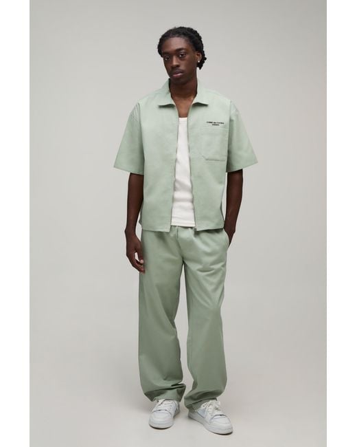 BoohooMAN Green Oversized Pocket Embroidered Twill Zip Up Shirt & Relaxed Trouser Set for men