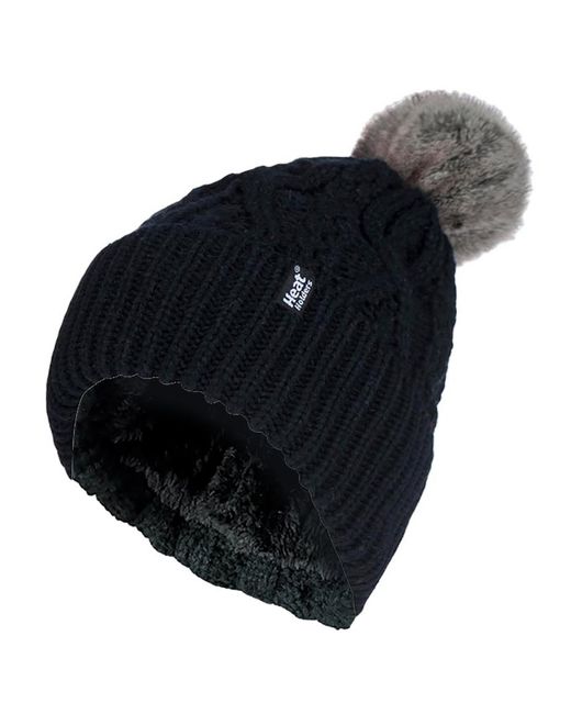 Heat Holders Black Ladies Ribbed Cuffed Pom Pom Bobble Beanie Hat With Fleece Lining
