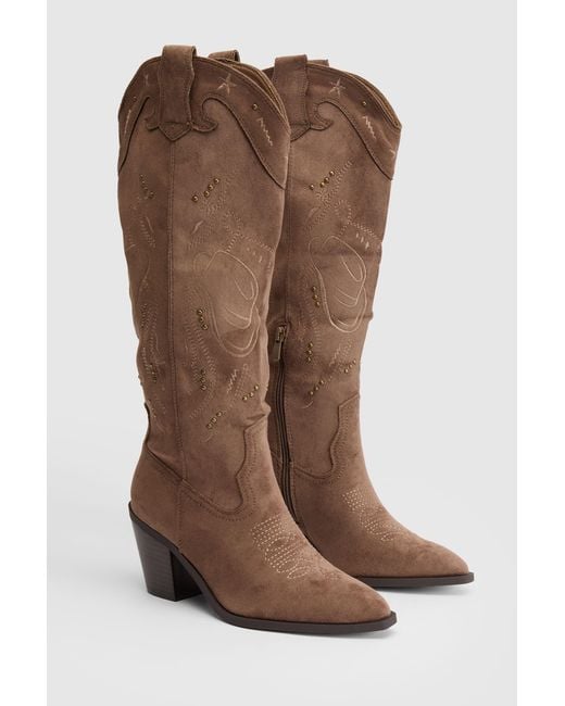 Boohoo Brown Faux Suede Embroidered Knee High Western Boots