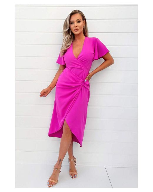 AX Paris Pink Hot Short Sleeve V-Neck Buckle Wrap Midi Dress