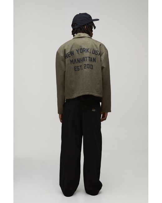 BoohooMAN Gray Boxy Fit Printed Washed Twill Varsity Coach Jacket for men