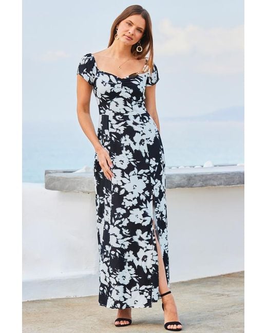 Sosandar Blue Floral Print Split Detail Maxi Dress