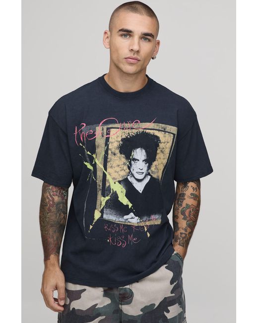 BoohooMAN Blue Oversized The Cure Acid Wash Graphic Printed License T-Shirt for men