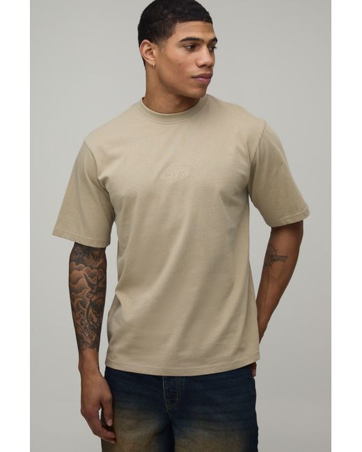 BoohooMAN Natural Regular Fit Script Embroidered T-Shirt for men