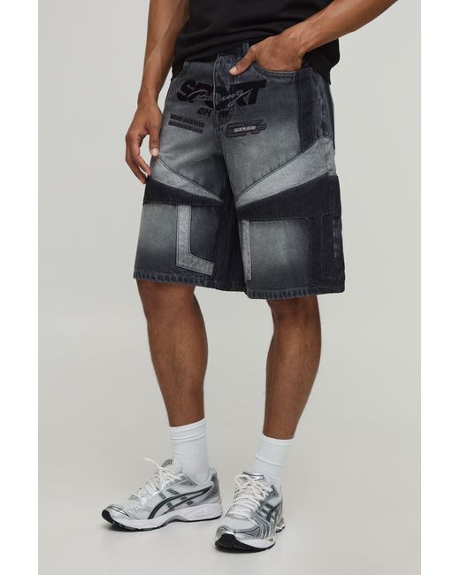 BoohooMAN Black Regular Moto Applique Jorts for men