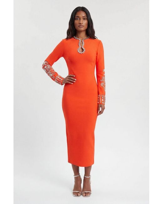 Karen Millen Red Figure Form Bandage Knit Embellished Wide Sleeve Midi Dress