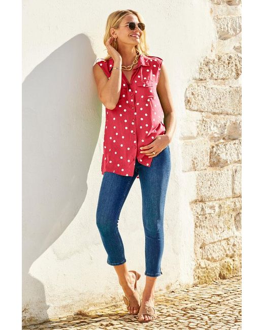 Sosandar White Spot Print Sleeveless Utility Shirt Denim