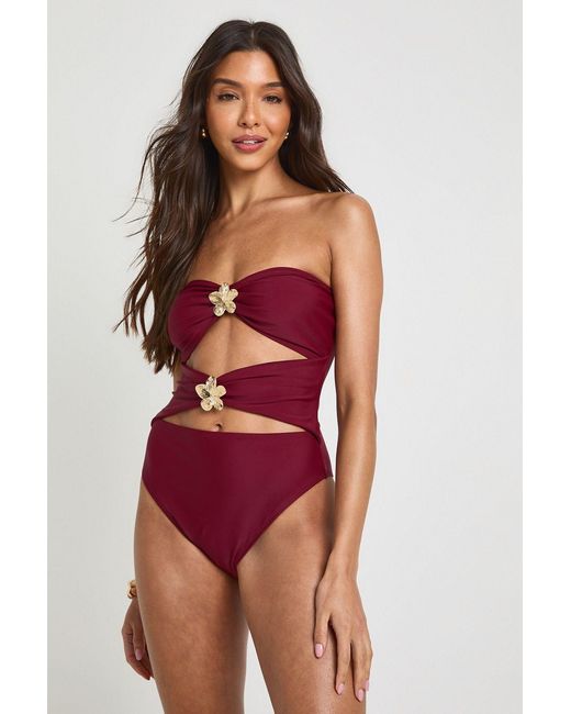 Boohoo Red Trim Detail Cut Out Bandeau Swimsuit