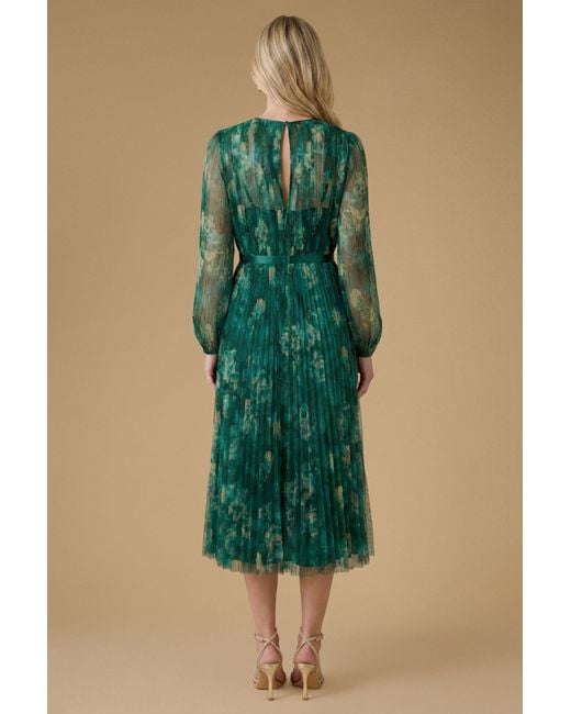 Oasis Green Floral Mesh Balloon Sleeve Midi Dress