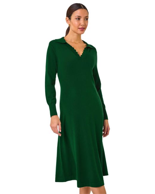 Roman Green Scallop Detail Knitted Midi Dress