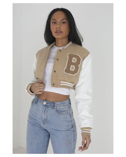 Brave Soul White Stone Faux Wool 'lucy' Cropped Varsity Bomber Jacket