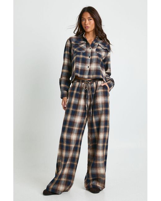 Boohoo Blue Check Print Drawstring Waist Wide Leg Trousers