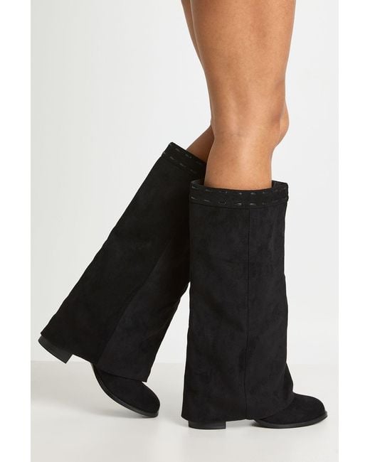 Boohoo Black Wide Fit Fold Over Block Heel Knee High Boots