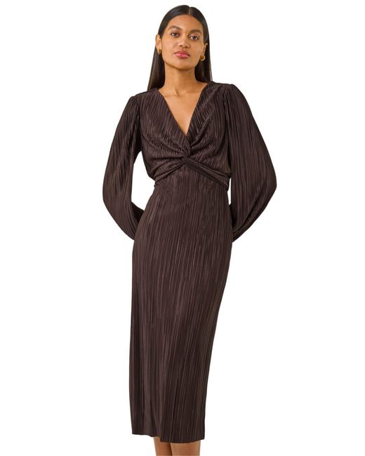 Roman Brown Plisse Twist Front Midi Dress