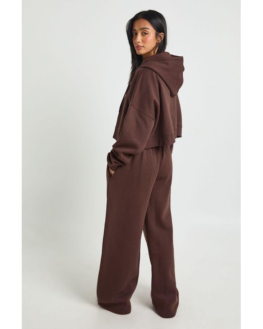 Boohoo Brown Petite Deep Hem Crop Top 3 Piece Hooded Tracksuit