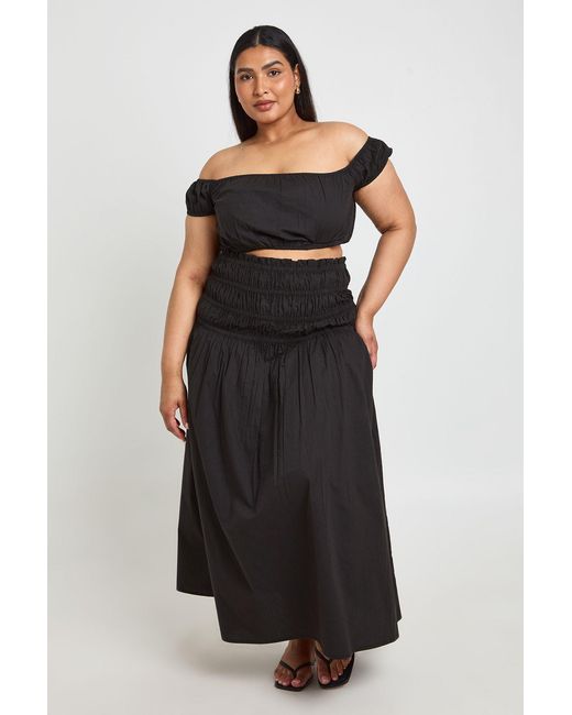 Boohoo Black Plus Cotton Poplin Bardot Top & Skirt Co Ord