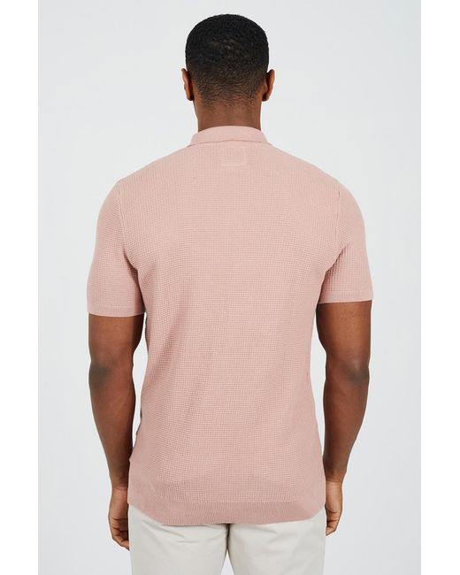 Brave Soul Pink Cotton Waffle Knit Embroidered Polo Shirt for men