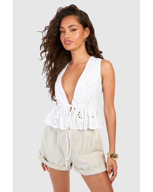 Boohoo White Embroidery Tie Waist Top