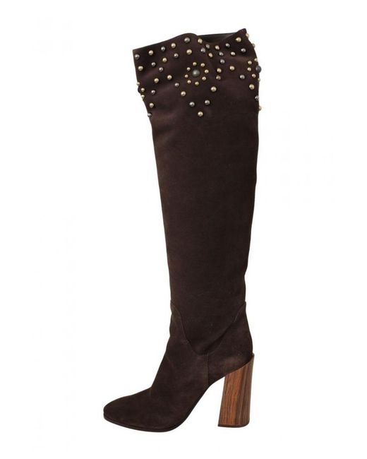 Dolce & Gabbana Brown Suede Studded Knee High Shoes Boots Leather
