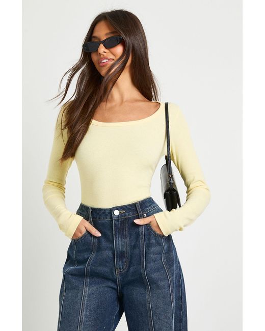 Boohoo Blue Basic Rib Scoop Neck Fitted Long Sleeve Top