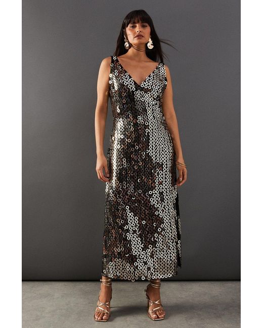 Warehouse Black Hand Embellished Disk High Apex Midi Dress
