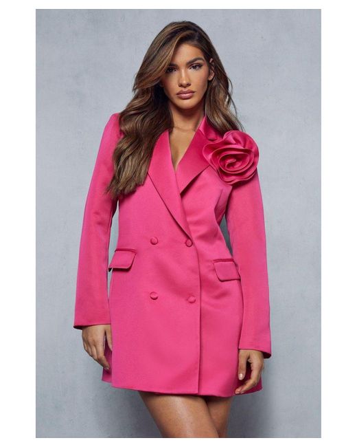 MissPap Pink Detachable Corsage Satin Blazer Dress