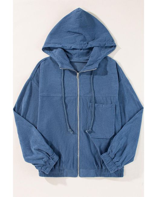 Azura Exchange Blue Echte Corduroy Kapuzenjacke Mit Reißverschluss Und Taschen