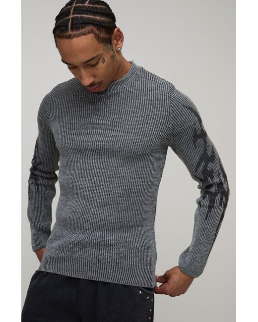 BoohooMAN Gray Muscle Fit Ribbed Gothic Knitted Jumper for men