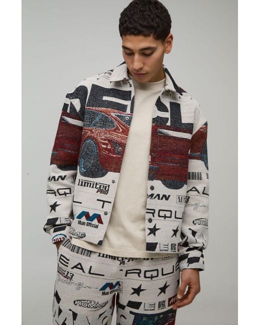 BoohooMAN Gray Regular Moto Tapestry Overshirt for men