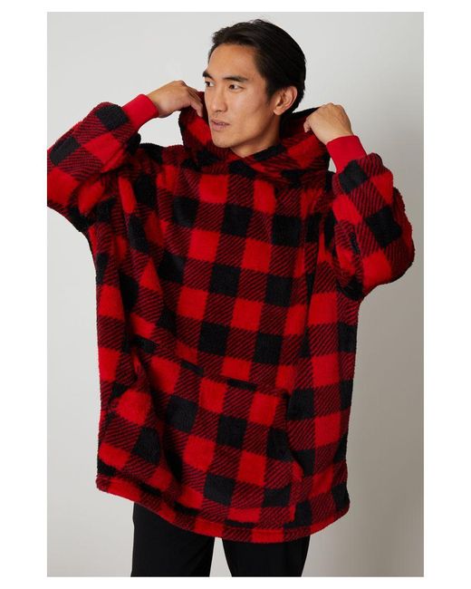 Threadbare Red 'Sleigh' Borg Oversized Check Loungewear Hoodie for men