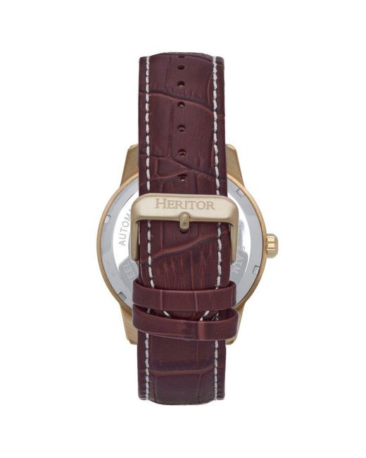 Heritor Metallic Davies Semi-Skeleton Leather-Band Watch for men