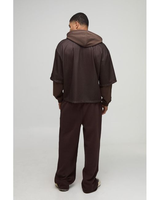 BoohooMAN Brown Oversized Boxy Varsity Applique Faux Layer Mesh Hockey Top Hoodie for men