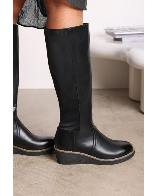 Where's That From Black Wheres 'Livia' Knee High Wedge Boot With Stitch Detail