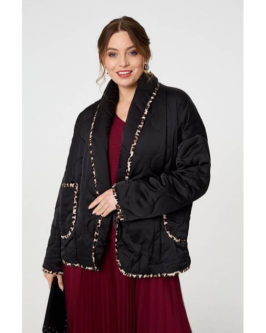 Izabel London Black Animal Print Trim Open Front Padded Coat