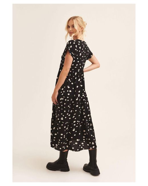 Gini London Black Polka Dot V Neck Tiered Midi Dress