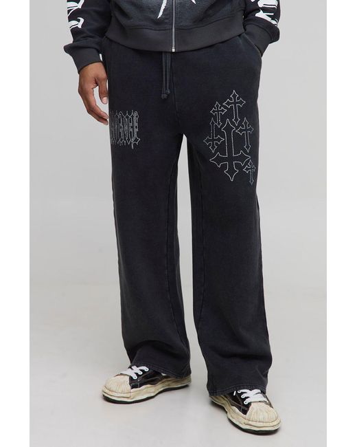 BoohooMAN Black Wide Leg Drop Crotch Washed Cross Diamante Joggers for men