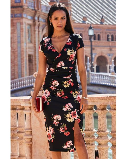 Sosandar Brown Floral Print Faux Wrap Midi Jersey Dress