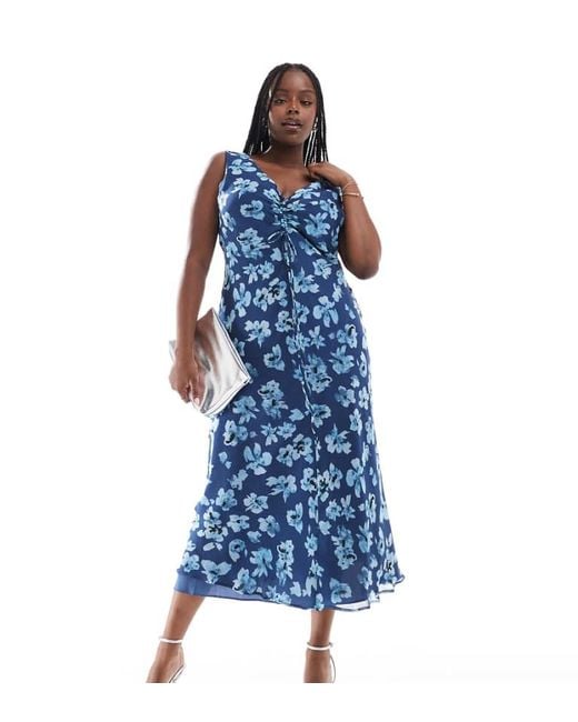 ASOS Blue Design V Neck Midi Dress With Ruched Bust Detail