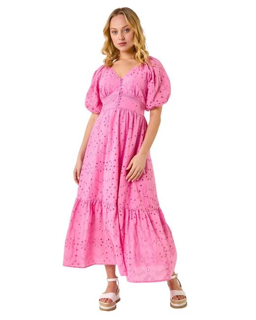 D.u.s.k Pink Broderie Anglaise Tiered Maxi Dress