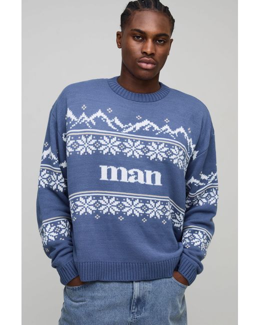 BoohooMAN Blue Oversized Boxy Fair Isle Christmas Jumper for men